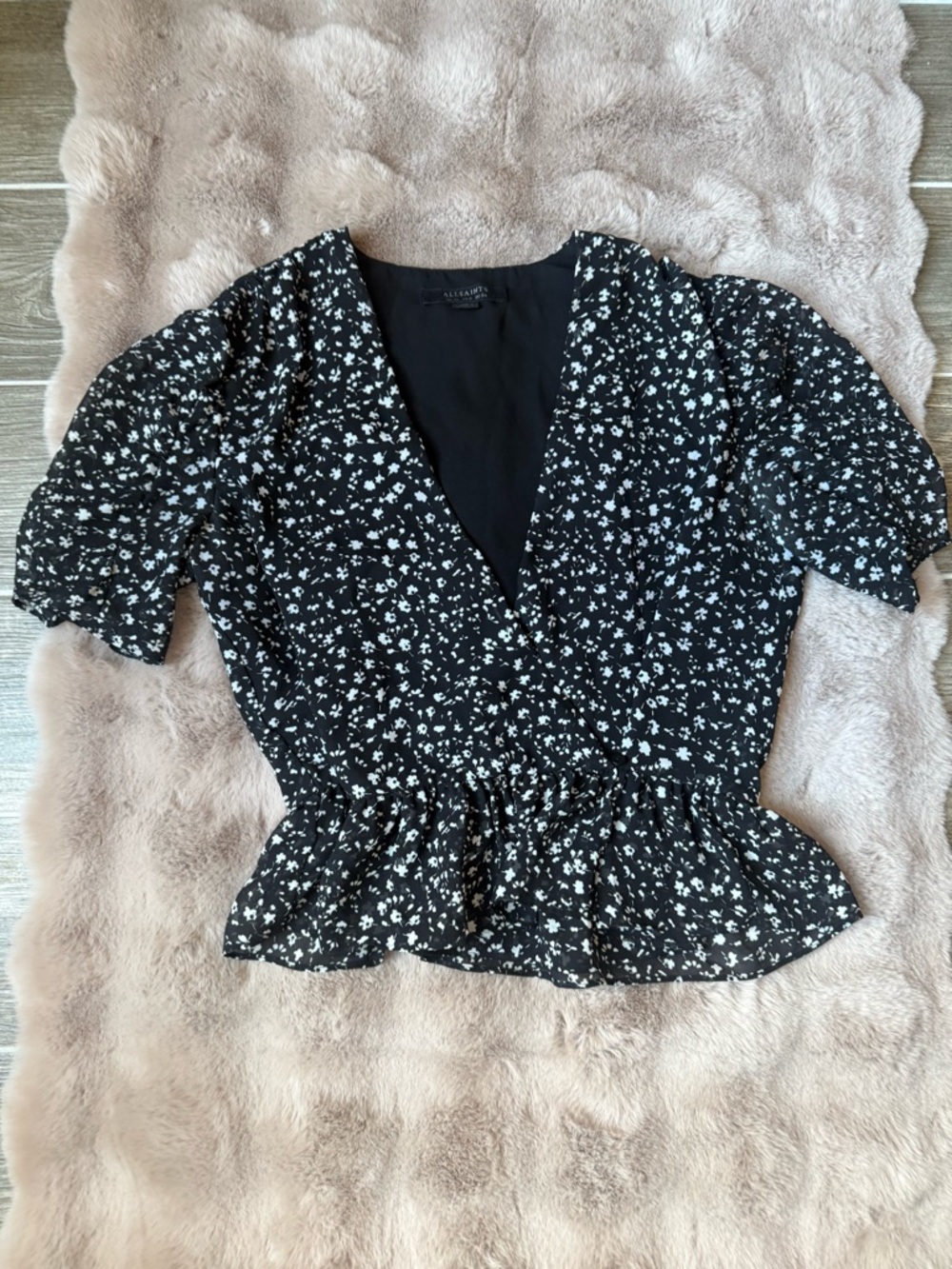 All Saints Ilia Pippa top, black and white with floral design, size 6